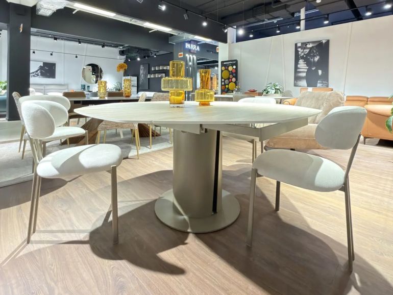 Стол обеденный раскладной Target Point Pod W90-160 керамогранит Travertino, металл Dark Champagne