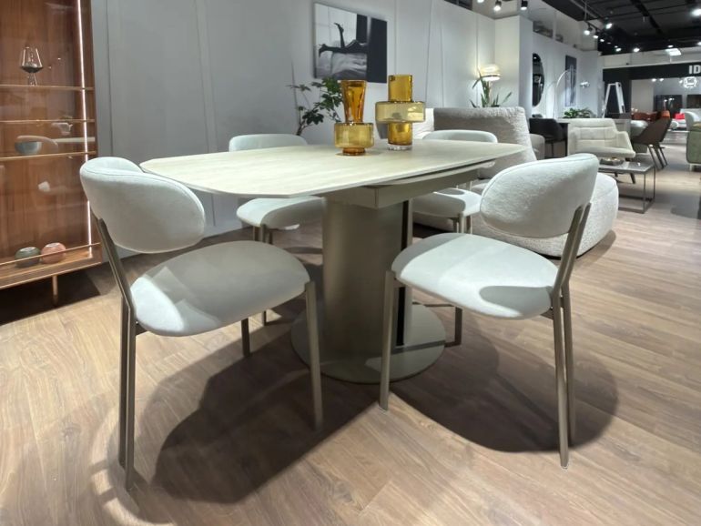 Стол обеденный раскладной Target Point Pod W90-160 керамогранит Travertino, металл Dark Champagne