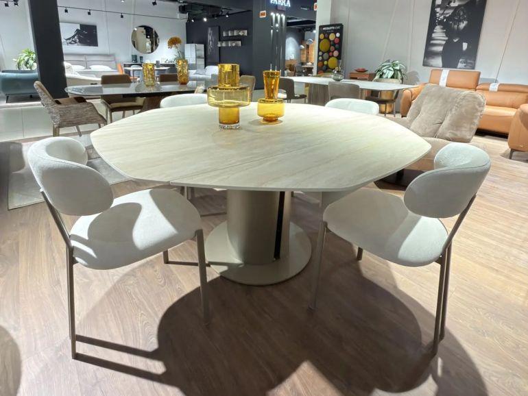 Стол обеденный раскладной Target Point Pod W90-160 керамогранит Travertino, металл Dark Champagne
