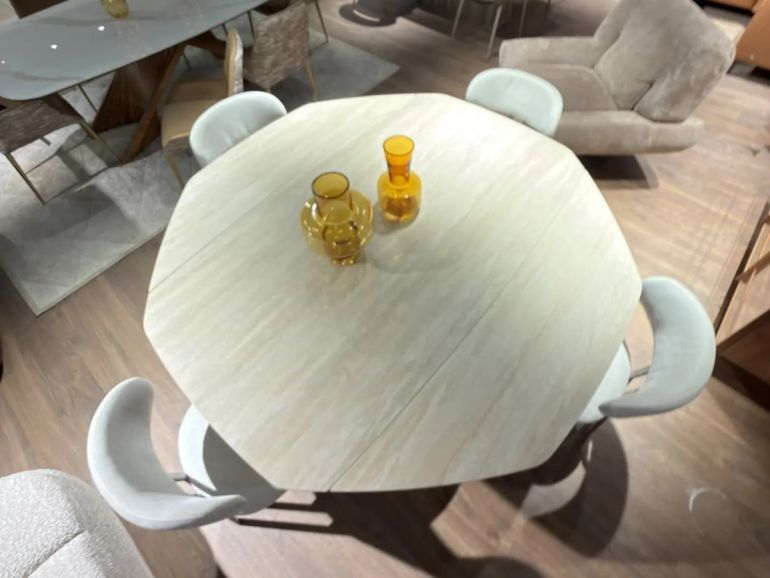 Стол обеденный раскладной Target Point Pod W90-160 керамогранит Travertino, металл Dark Champagne - вид сверху